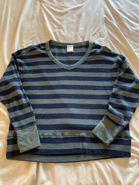 aerie Striped Waffle-Knit Top in Navy and Olive